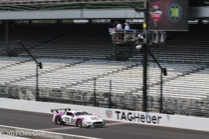 The no.20 GYM WEED CD Racing Ford Mustang crosses the line at Indianapolis Motor Speedway
